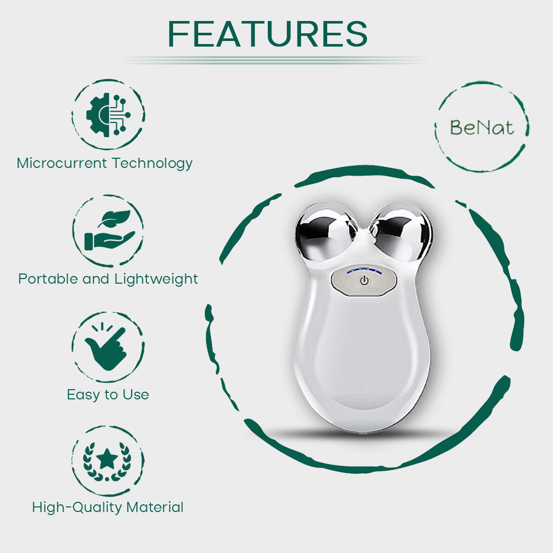 Microcurrent Facial Toning Massager | Lifts, Contours & Firms | Reduces Fine Lines, Puffiness & Wrinkles | Ion Function | Face, Neck & Body | BeNat
