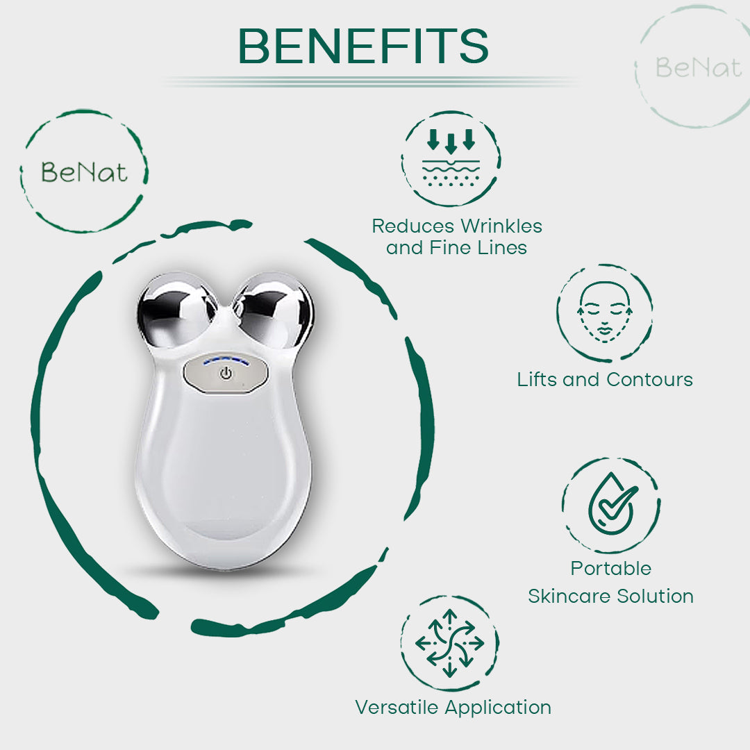Microcurrent Facial Toning Massager | Lifts, Contours & Firms | Reduces Fine Lines, Puffiness & Wrinkles | Ion Function | Face, Neck & Body | BeNat