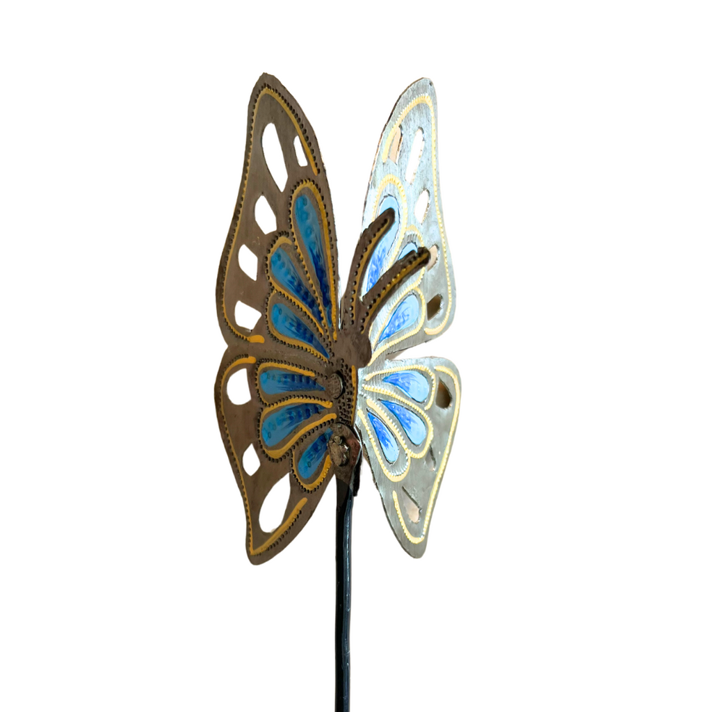 Blue Butterfly Garden Stake – Hand-Painted Metal Art
