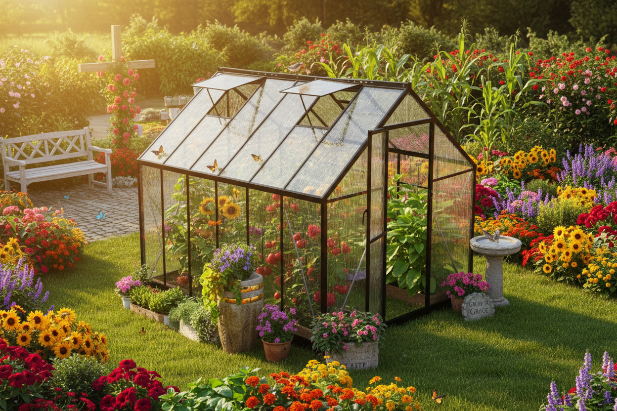 Black greenhouse in vibrant Christian garden