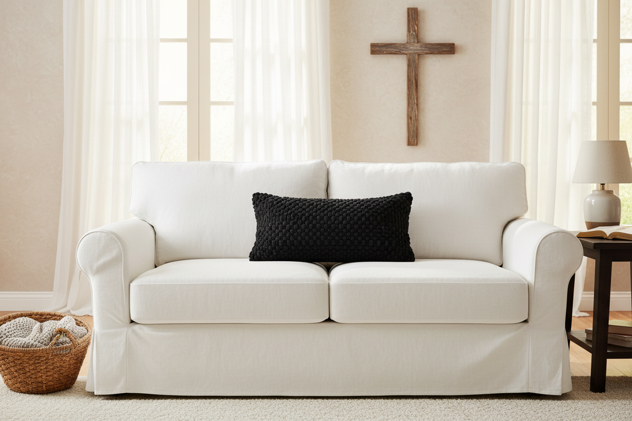 Black Lumbar Pillow on White Couch in Christian Setting