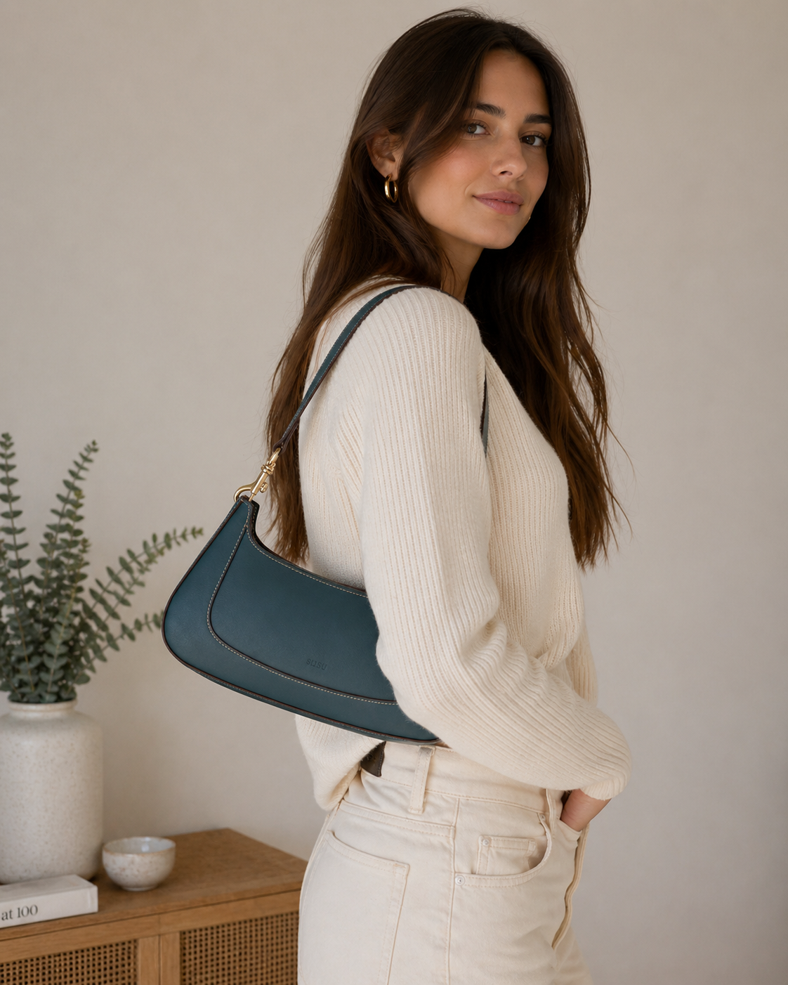 Emily Leather Baguette Bag East West Handbag Blue