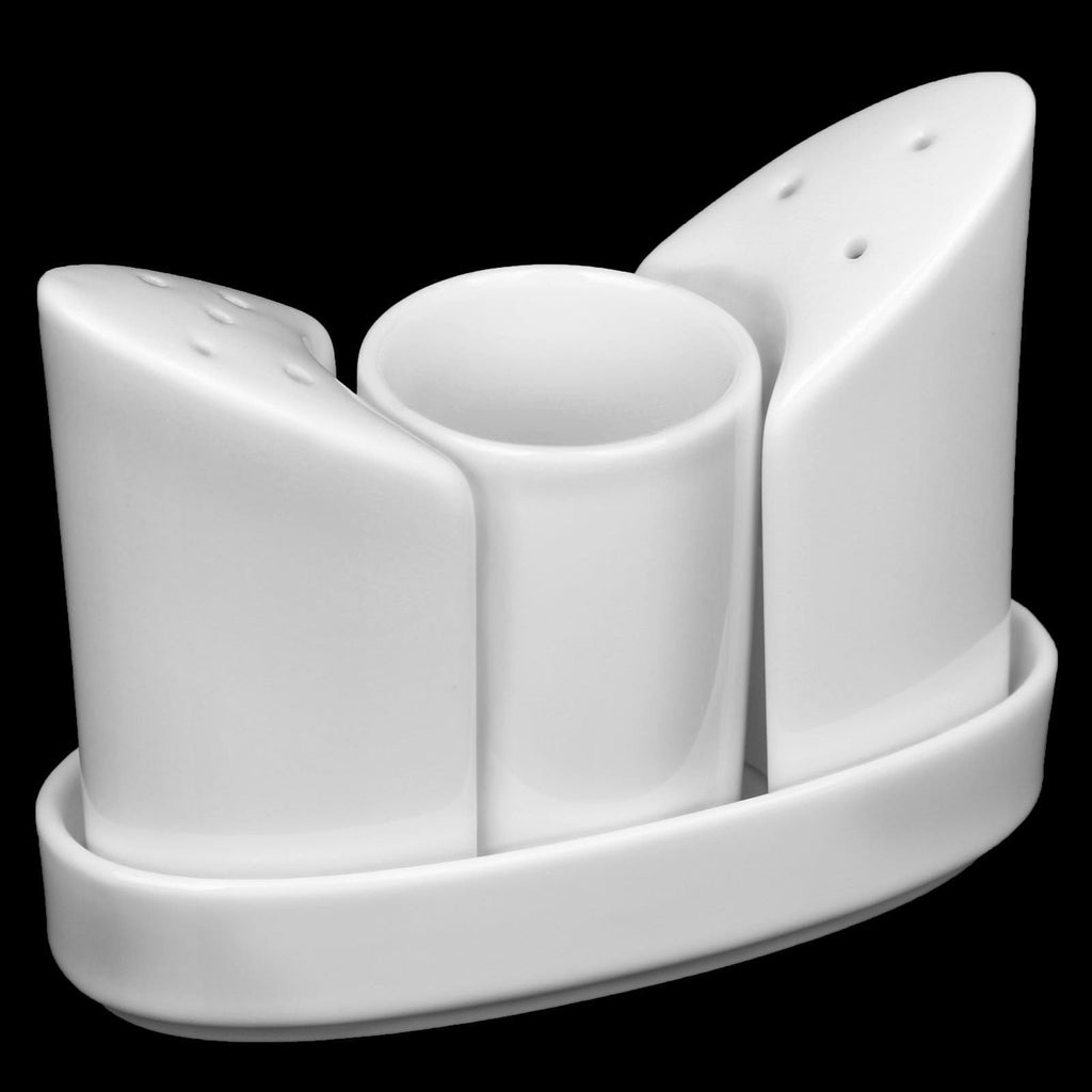 White Fine Porcelain Salt & Pepper Set | 4-Piece with Toothpick Holder & Tray | Made in England | Wilmax