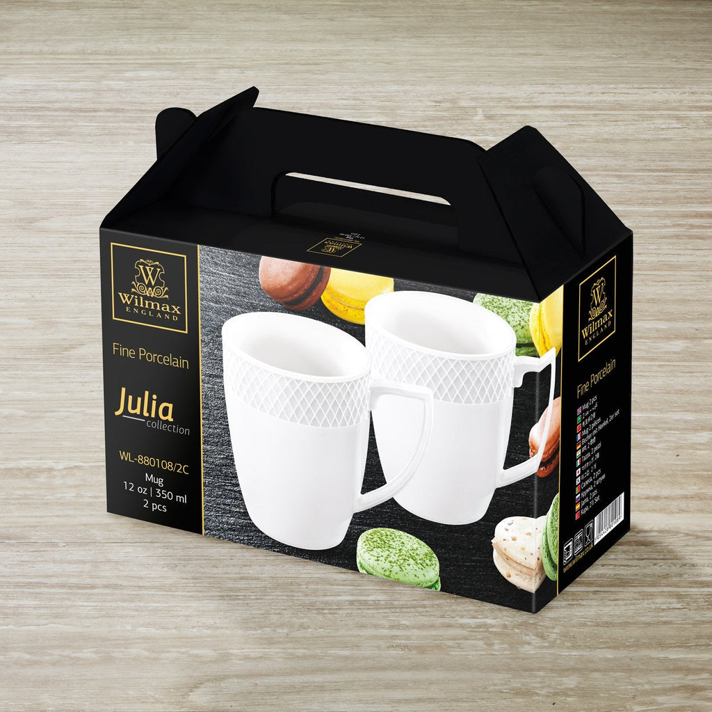 Julia White Fine Porcelain Coffee Mug | 12 oz | Embossed Rolled Rim | Made in England | Sold Individually | Wilmax