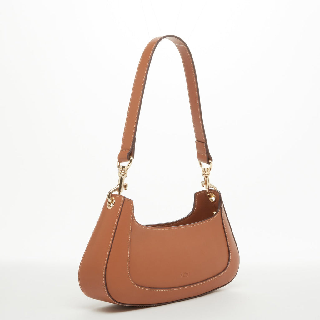 Leather Baguette Bag | East West Brown | Gold Hardware & Removable Strap | Genuine Leather | SUSU