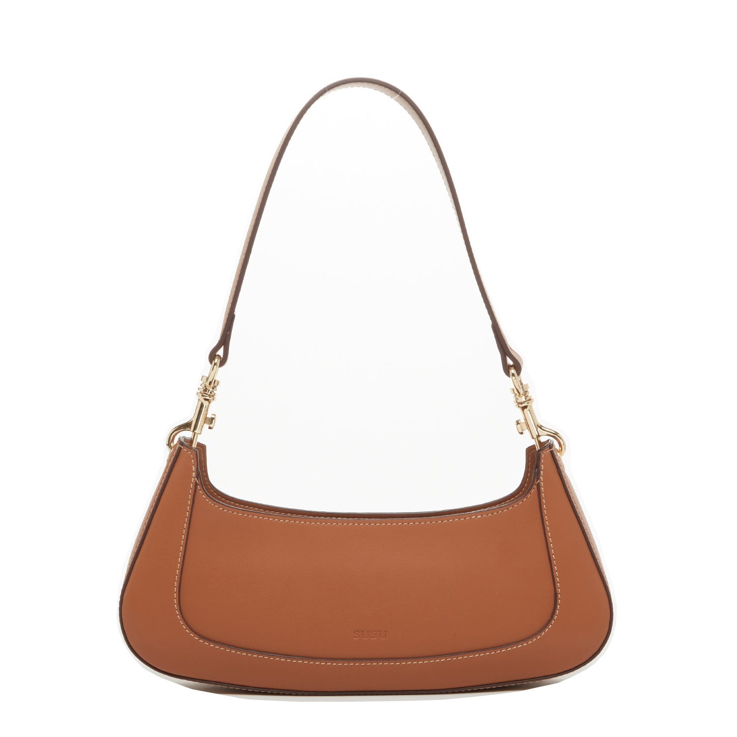 Leather Baguette Bag | East West Brown | Gold Hardware & Removable Strap | Genuine Leather | SUSU