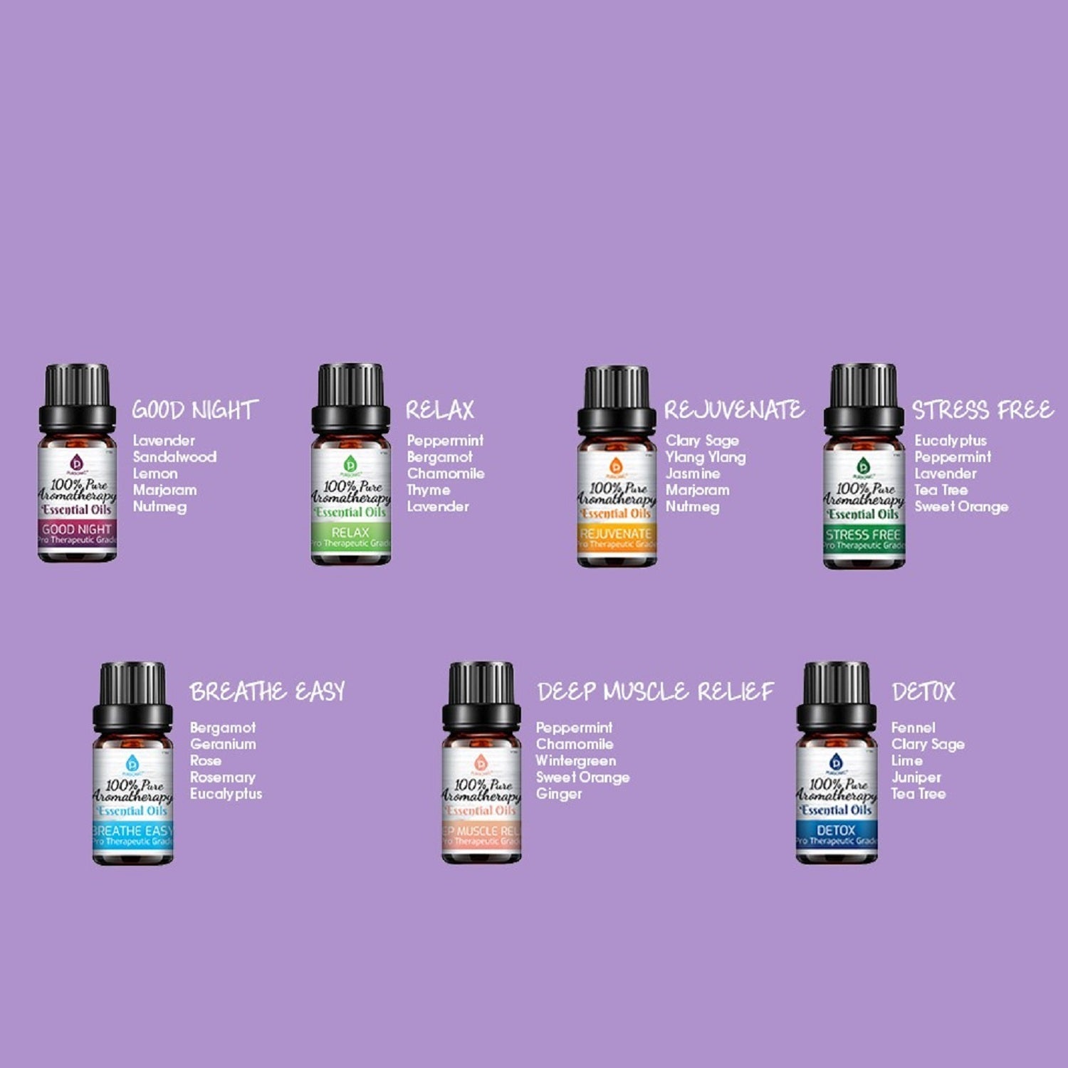14-Pack 100% Pure Therapeutic Essential Oils | No Fillers or Additives | Eucalyptus, Lavender, Peppermint & More | PURSONIC