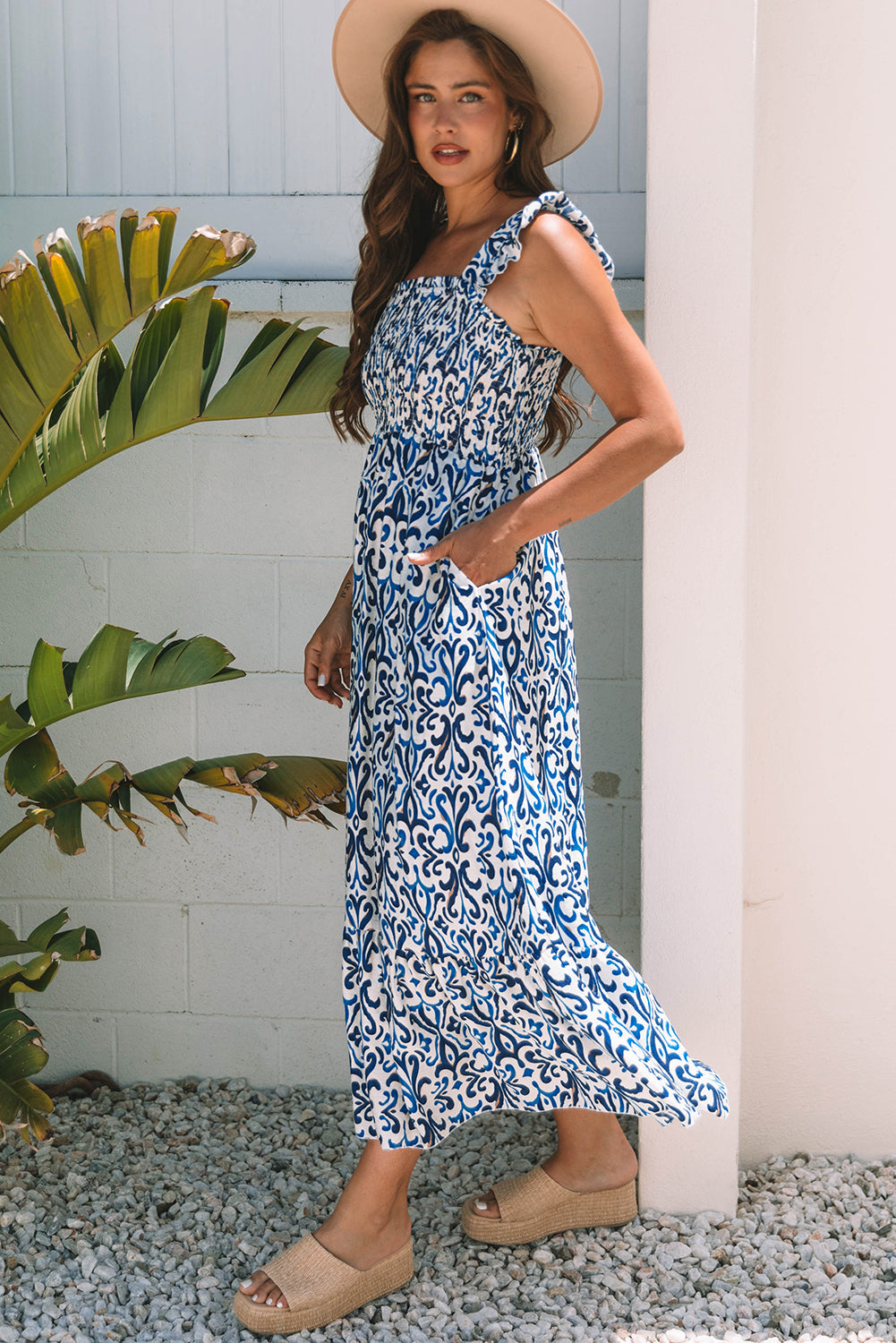 Malka Boho Smocked High Waist Maxi Dress