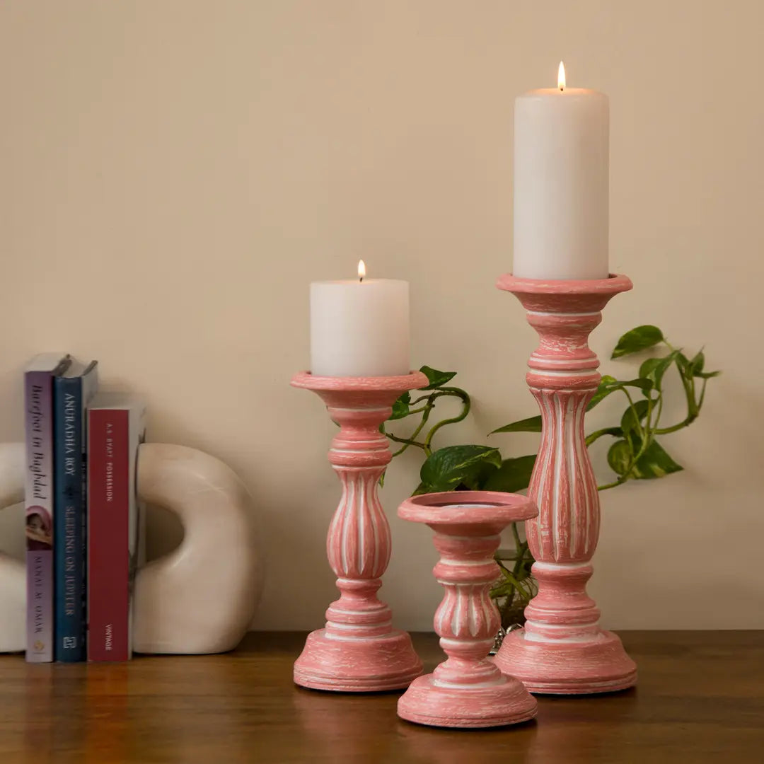 Rosé Reverie Pillar Candleholder Set | Set of 3 | Handcarved Mango Wood | 12", 9" & 6" | Washed Pink Finish