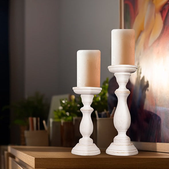 Shabby Chic Pillar Candleholder Set | Set of 3 | Handcrafted Wood | 9", 12" & 15" | Powered by People