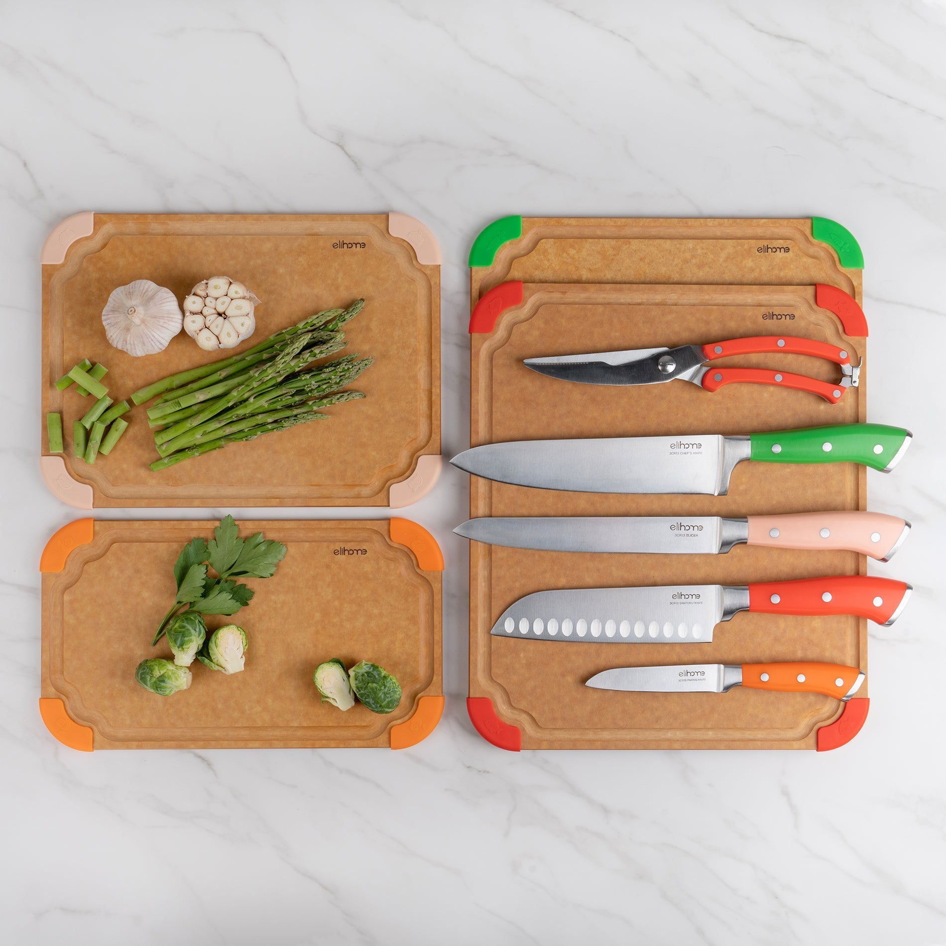 9-Piece Cutting Board & Knife Set | Cutting Wise | German Stainless Steel | Color-Coded Boards | Chef, Santoku, Slicer, Paring & Shears