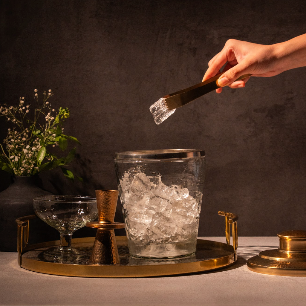 Pebbled Glass Ice Bucket & Brass Tongs Set | 60 oz | Hammered Brass Lid | Entertaining | Powered by People