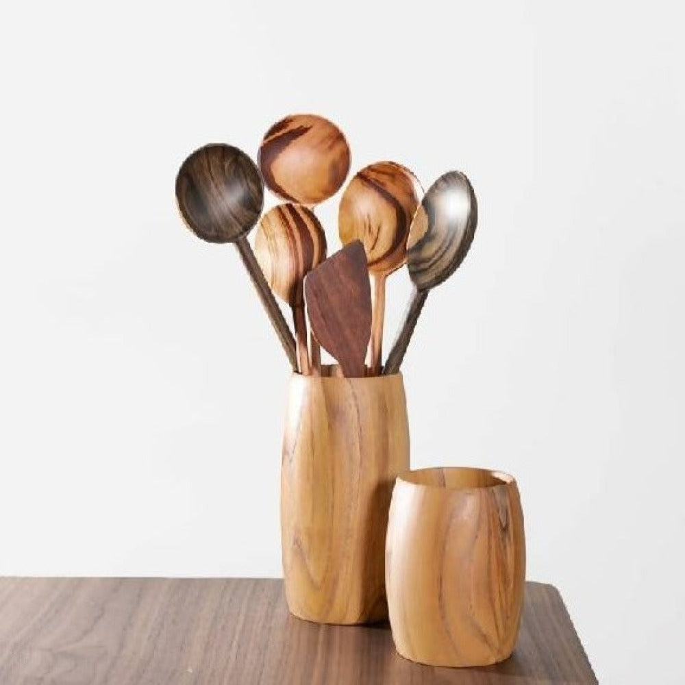 Teak Utensil Holder | 4" x 9" | Handcrafted | Dried Flower Vase | Warmth & Texture | Itza Wood | Powered by People