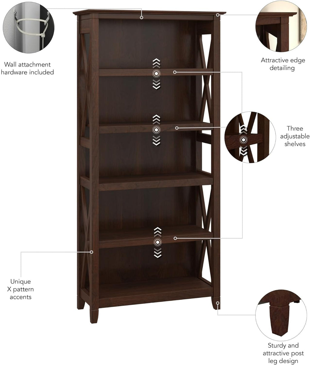 Bush Furniture Tall 5 Shelf Bookcase Bing Cherry Finish