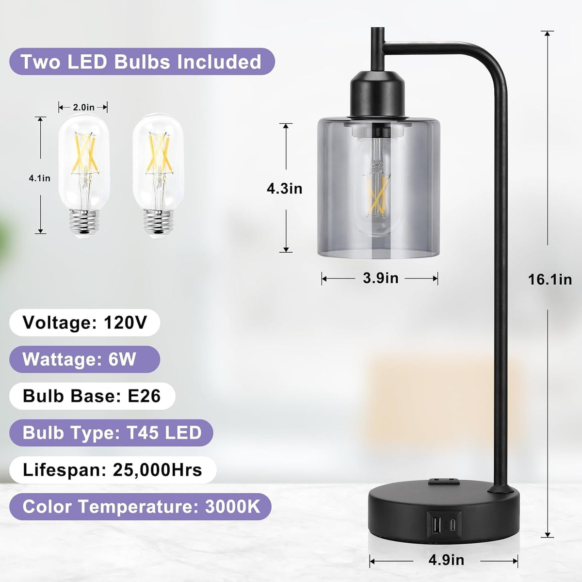 3-Way Dimmable USB Table Lamps With Gray Glass Shade Pair