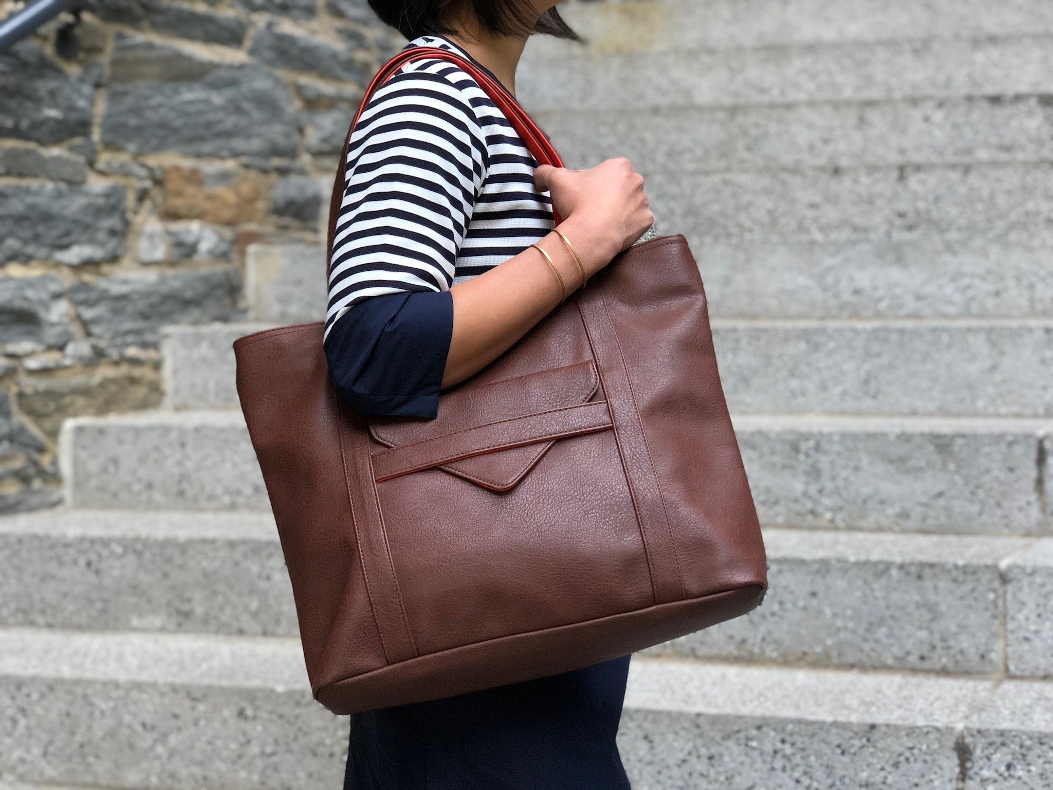 Borough Vegan Leather Tote | Wood Trim | Magnetic Closure | Espresso, Black & Charcoal | Canopy Verde