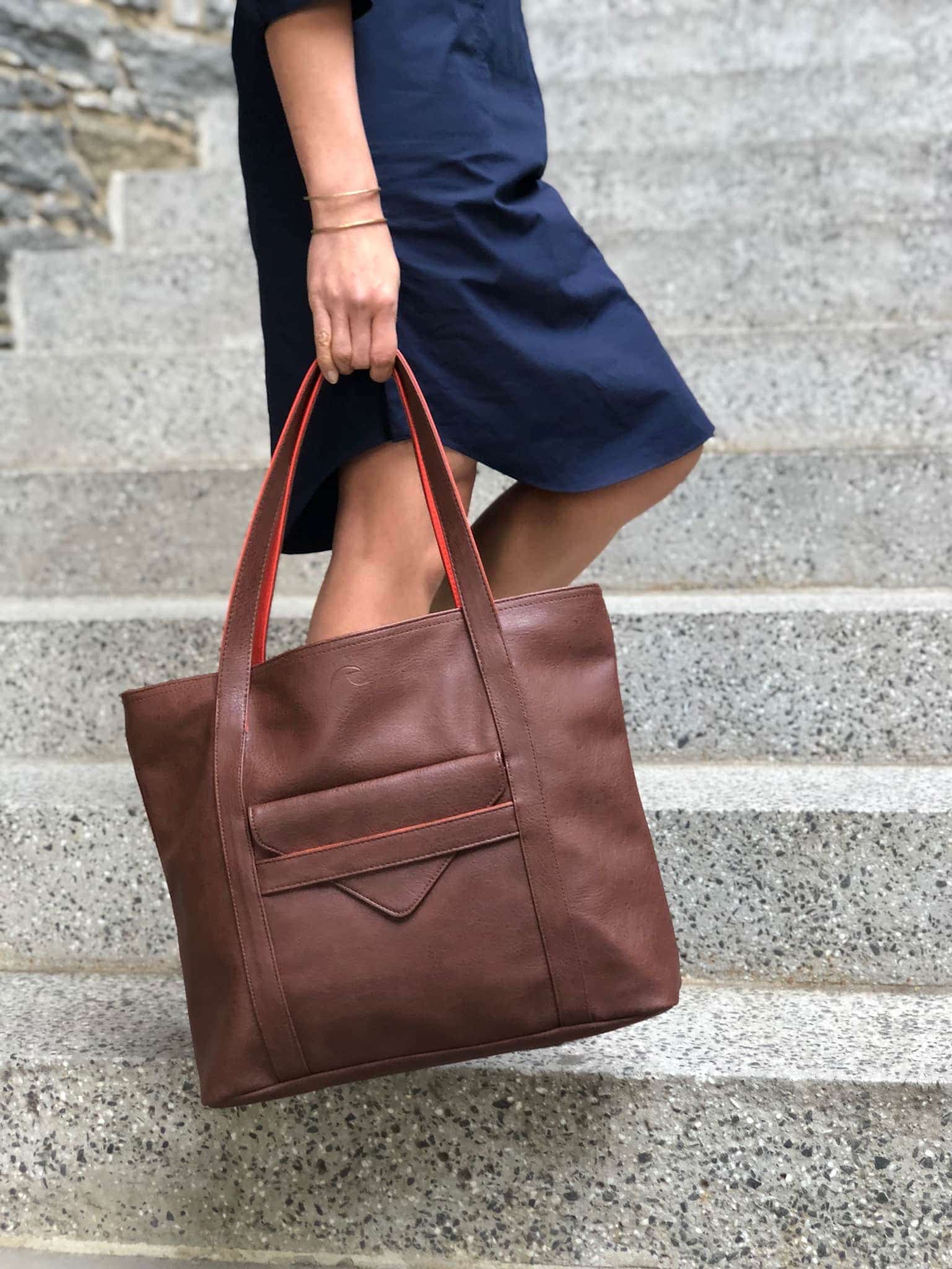 Borough Vegan Leather Tote | Wood Trim | Magnetic Closure | Espresso, Black & Charcoal | Canopy Verde
