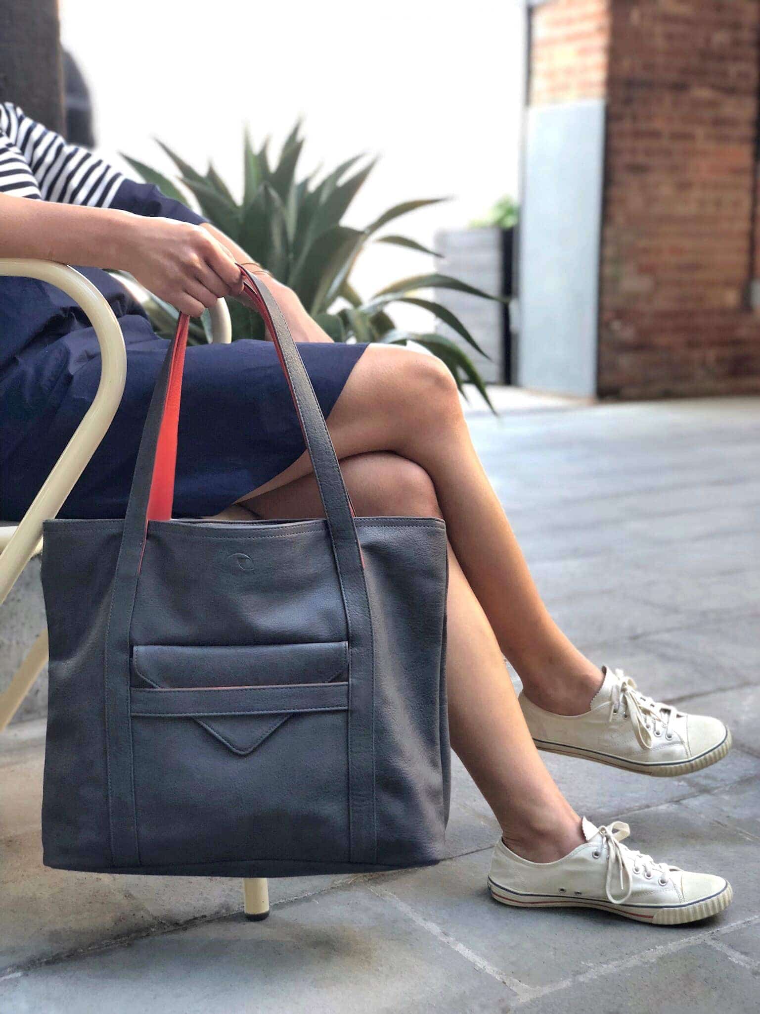 Borough Vegan Leather Tote | Wood Trim | Magnetic Closure | Espresso, Black & Charcoal | Canopy Verde