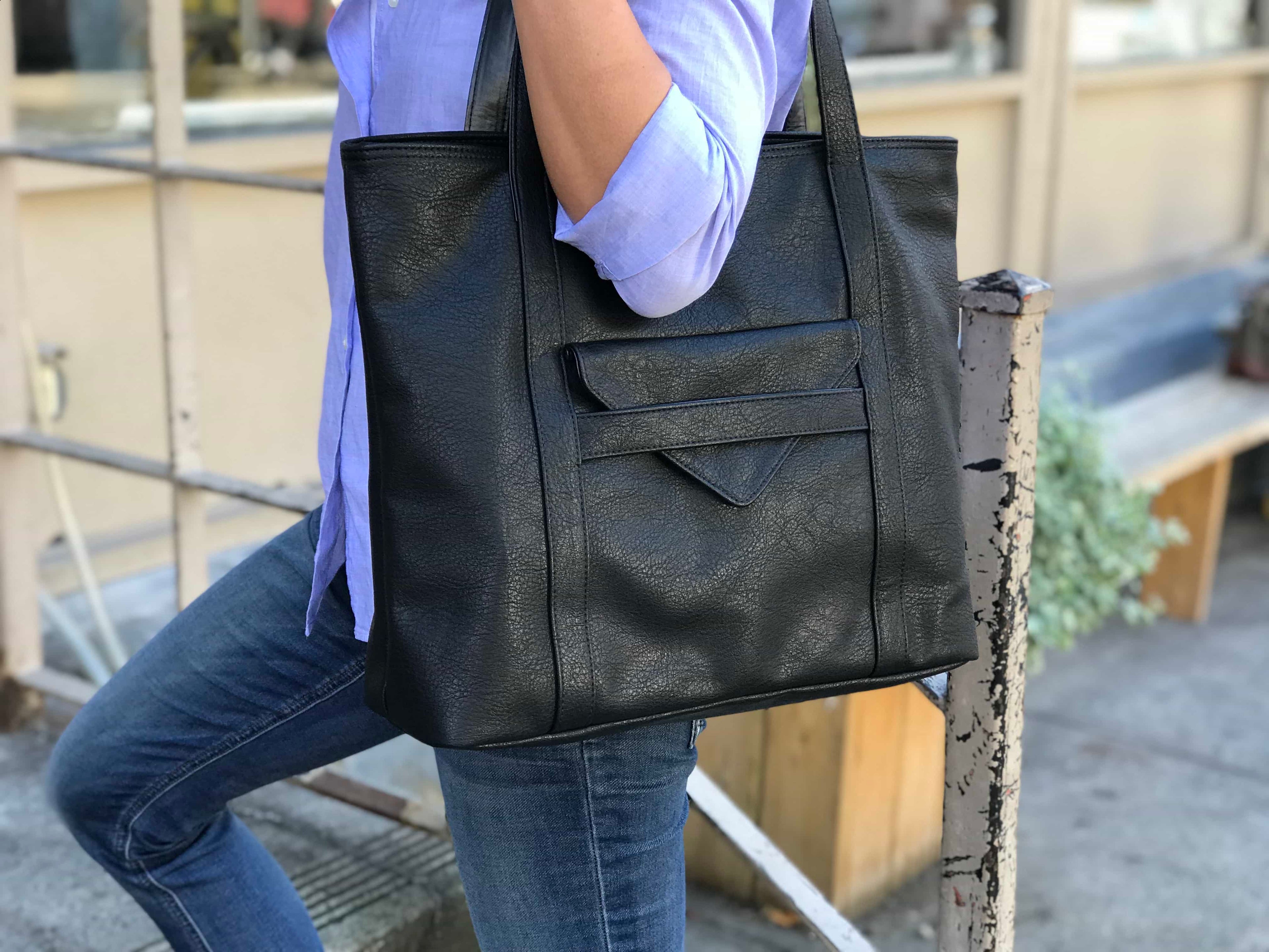 Borough Vegan Leather Tote | Wood Trim | Magnetic Closure | Espresso, Black & Charcoal | Canopy Verde