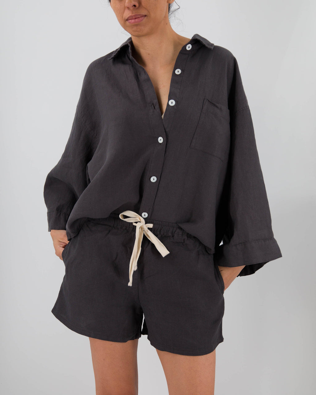 Carrie Linen Sleepwear Set | 100% French Linen | Oversized Shirt & Shorts | 11 Colors | S–L | Sunday Morning