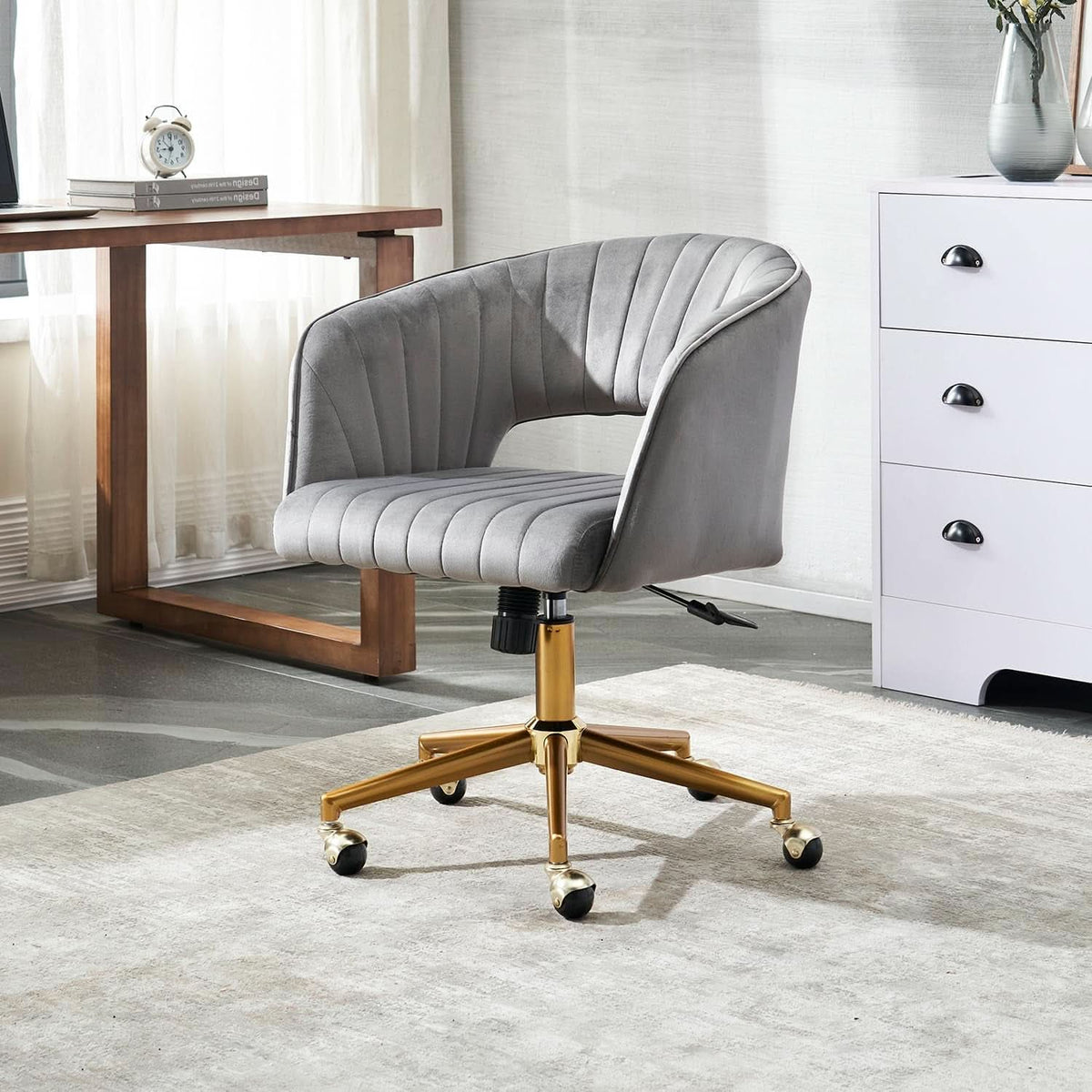 Grey Velvet Home Office Chair With 360 Swivel And Gold Base