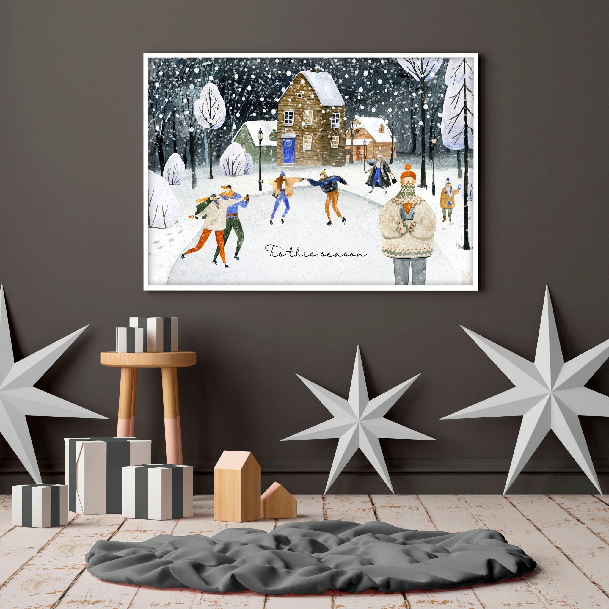 Christmas Village Wall Art Print — Watercolor Snowy Scene