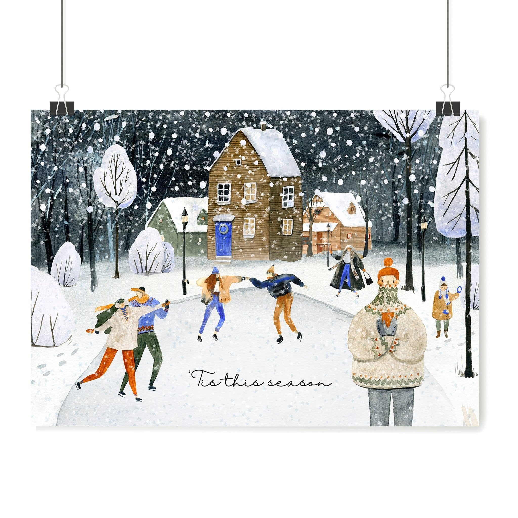 Christmas Village Wall Art Print — Watercolor Snowy Scene