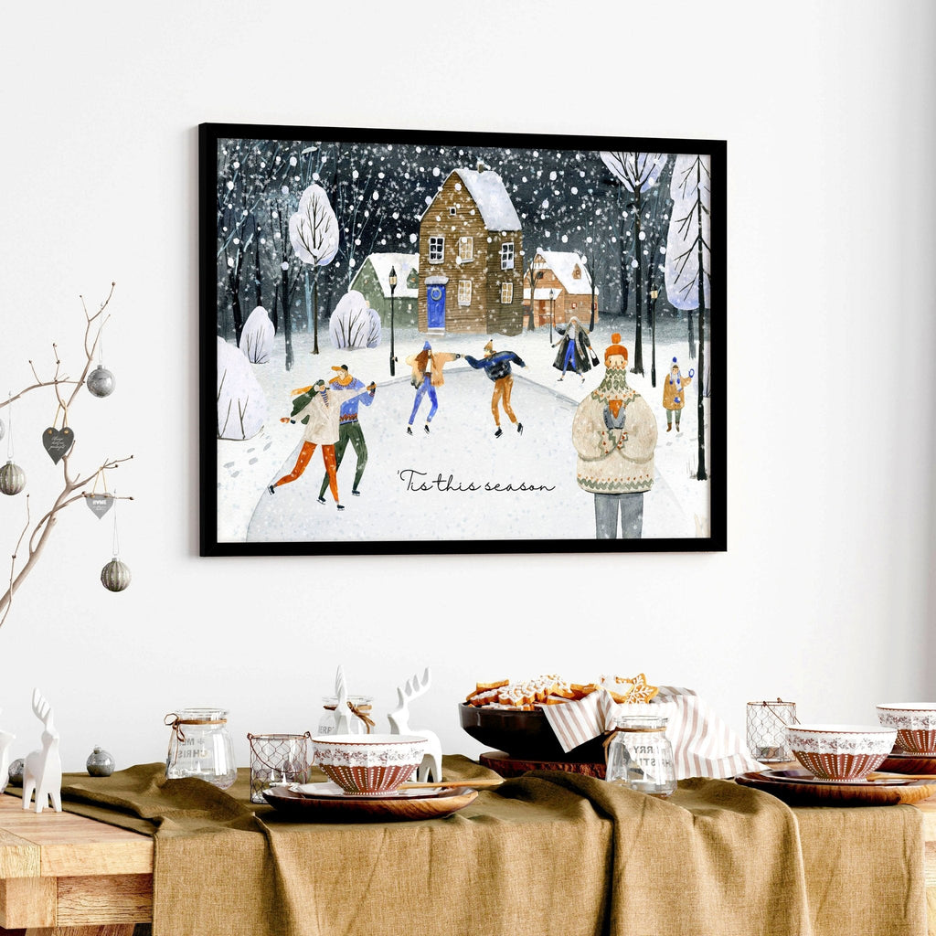 Christmas Village Wall Art Print — Watercolor Snowy Scene