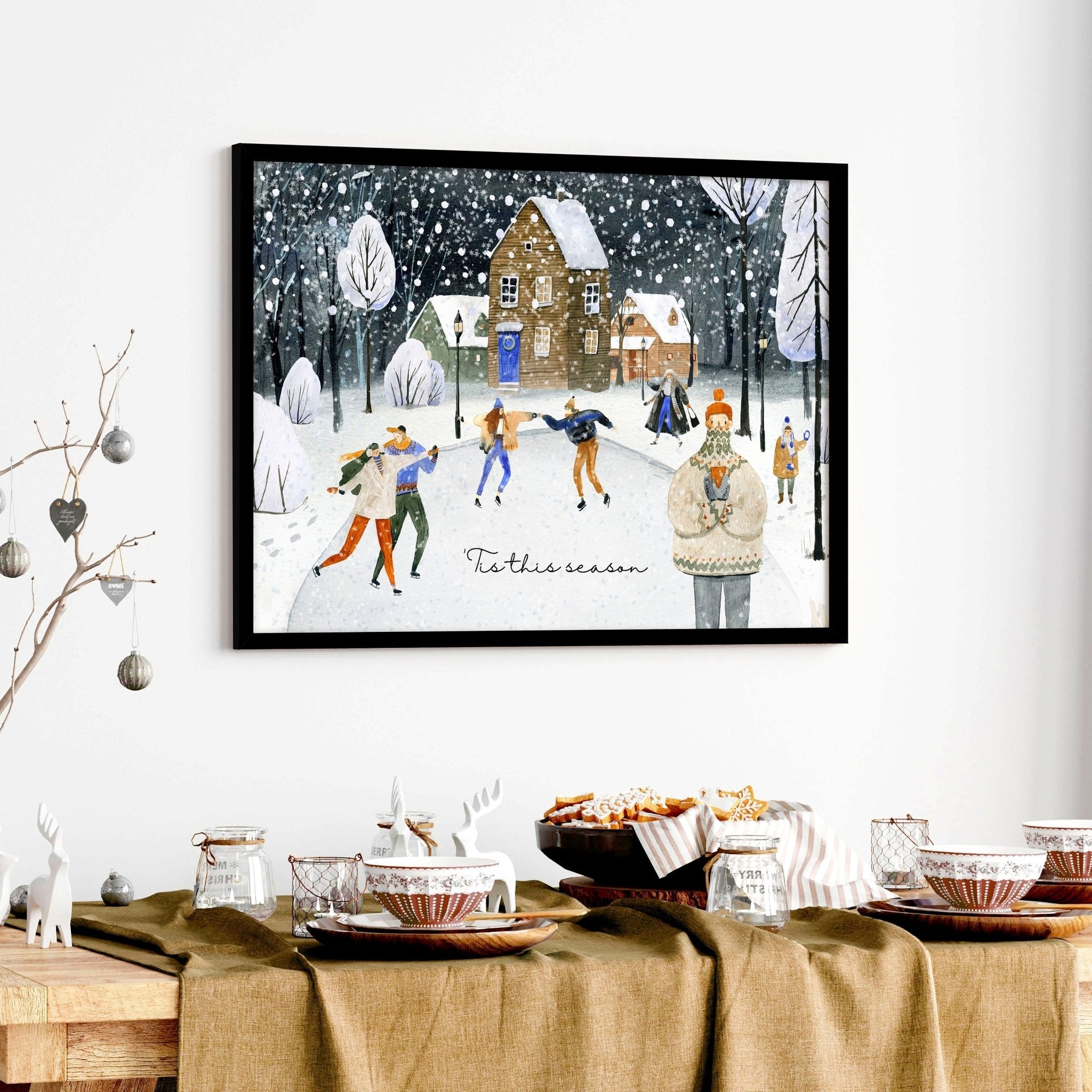Christmas Village Wall Art Print — Watercolor Snowy Scene