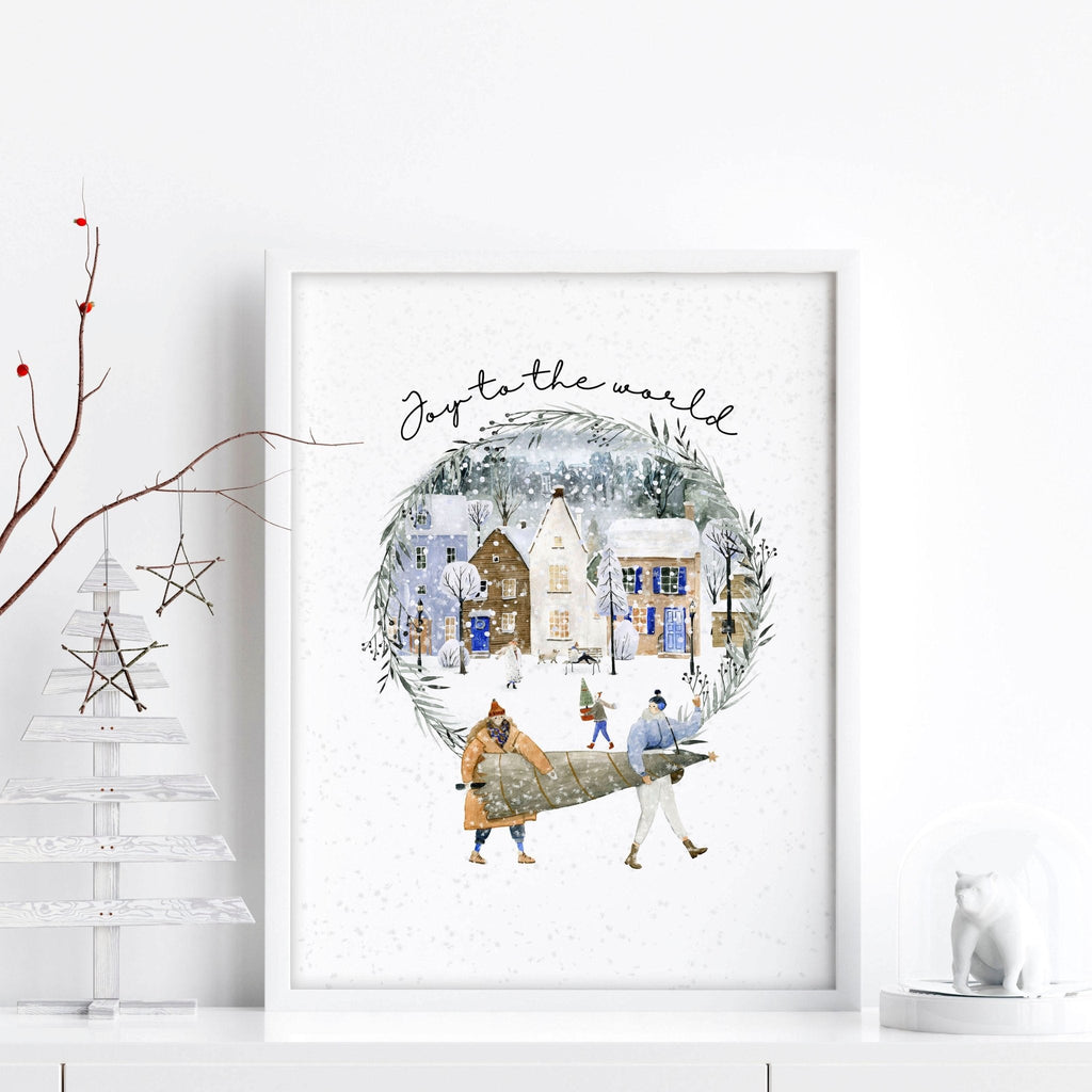 Christmas Snowy Village Wall Art Print — Watercolor Muted Tones