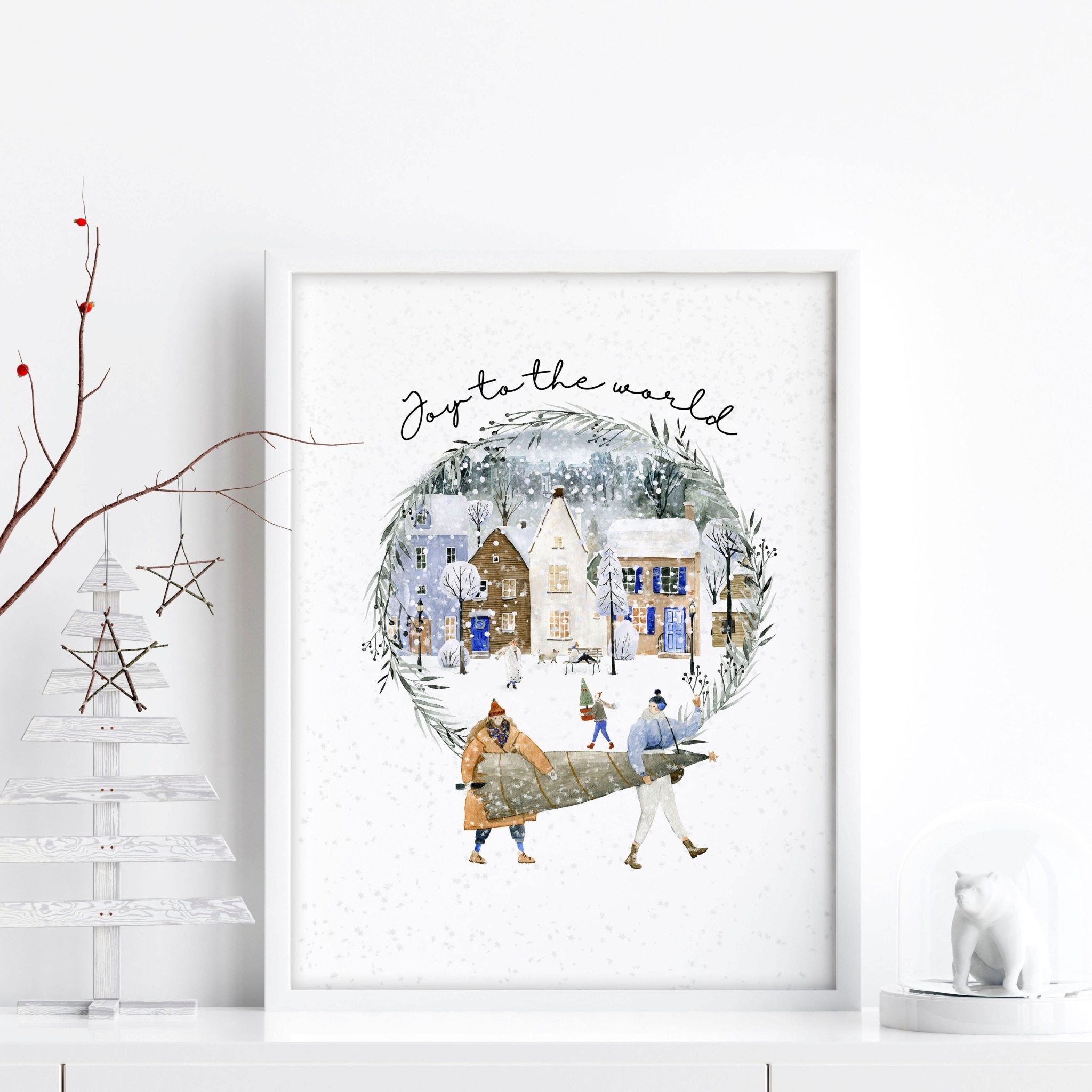 Christmas Snowy Village Wall Art Print — Watercolor Muted Tones