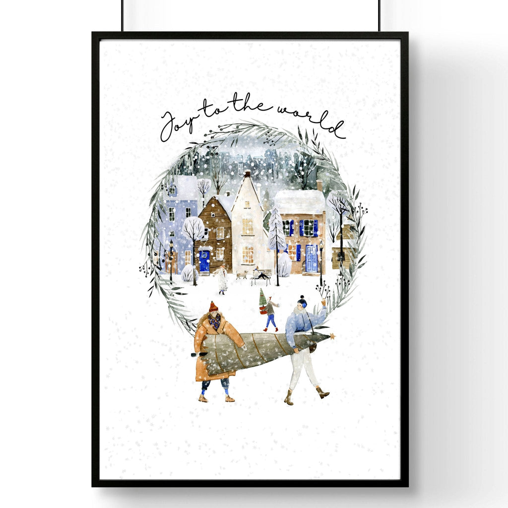Christmas Snowy Village Wall Art Print — Watercolor Muted Tones