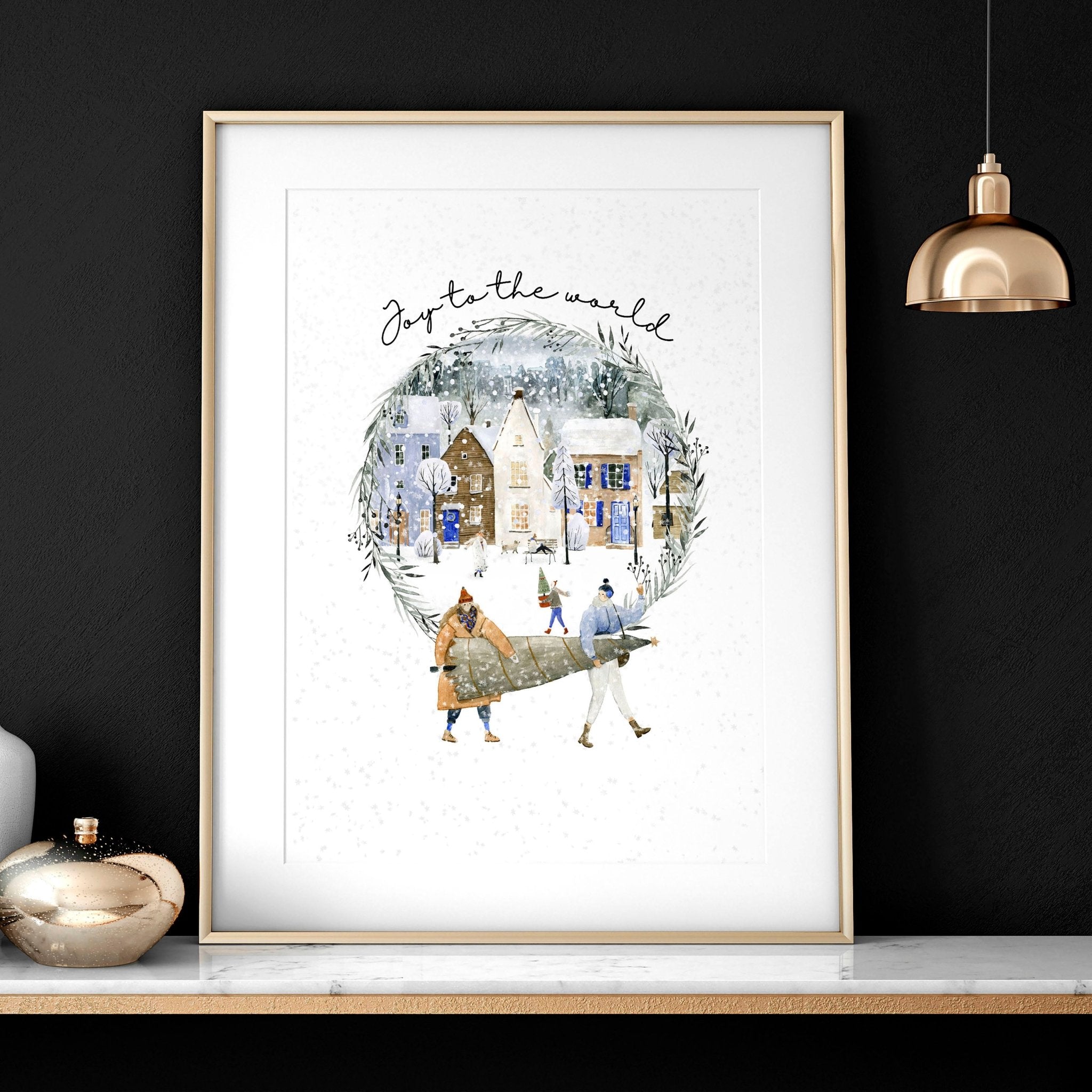 Christmas Snowy Village Wall Art Print — Watercolor Muted Tones