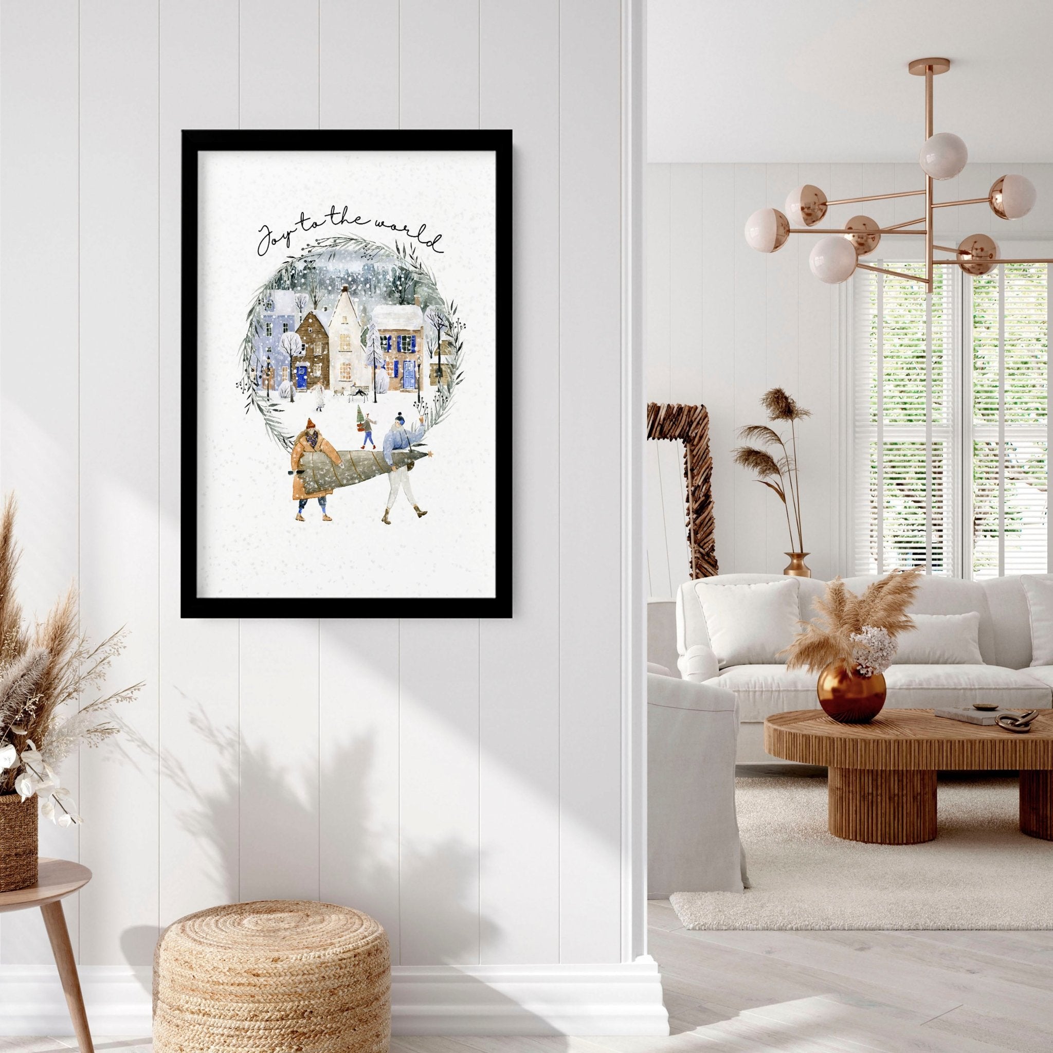 Christmas Snowy Village Wall Art Print — Watercolor Muted Tones