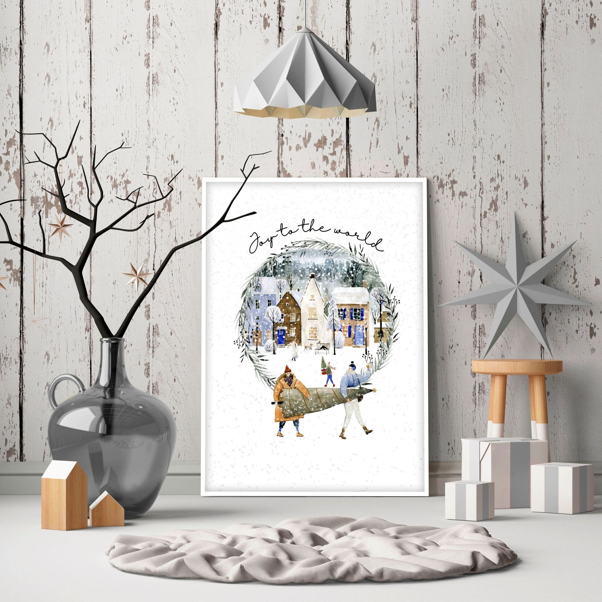 Christmas Snowy Village Wall Art Print — Watercolor Muted Tones