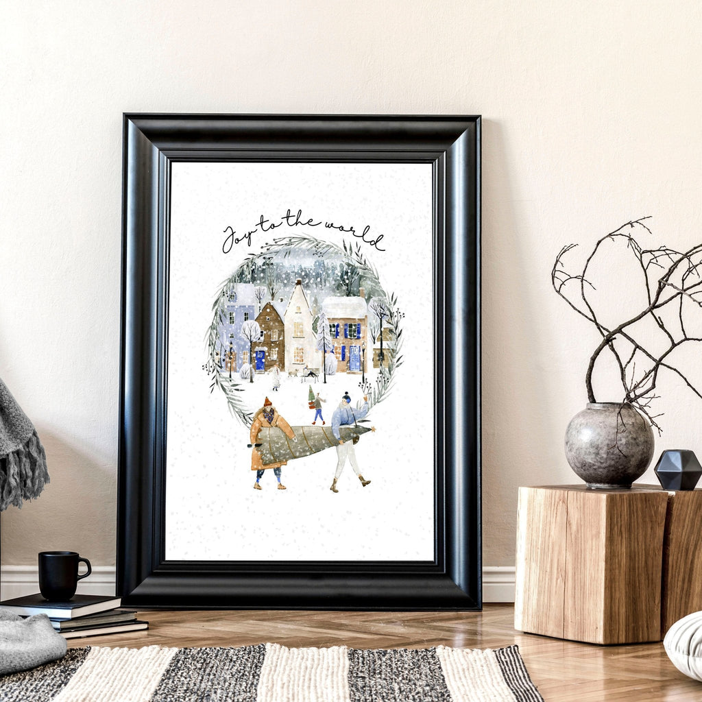Christmas Snowy Village Wall Art Print — Watercolor Muted Tones