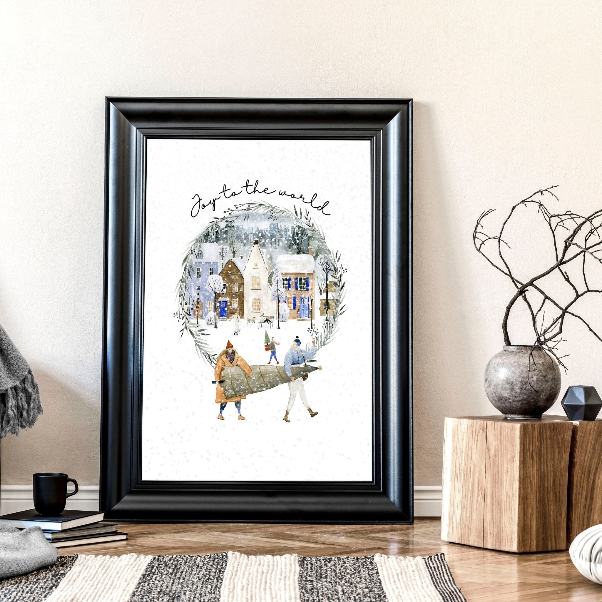 Christmas Snowy Village Wall Art Print — Watercolor Muted Tones