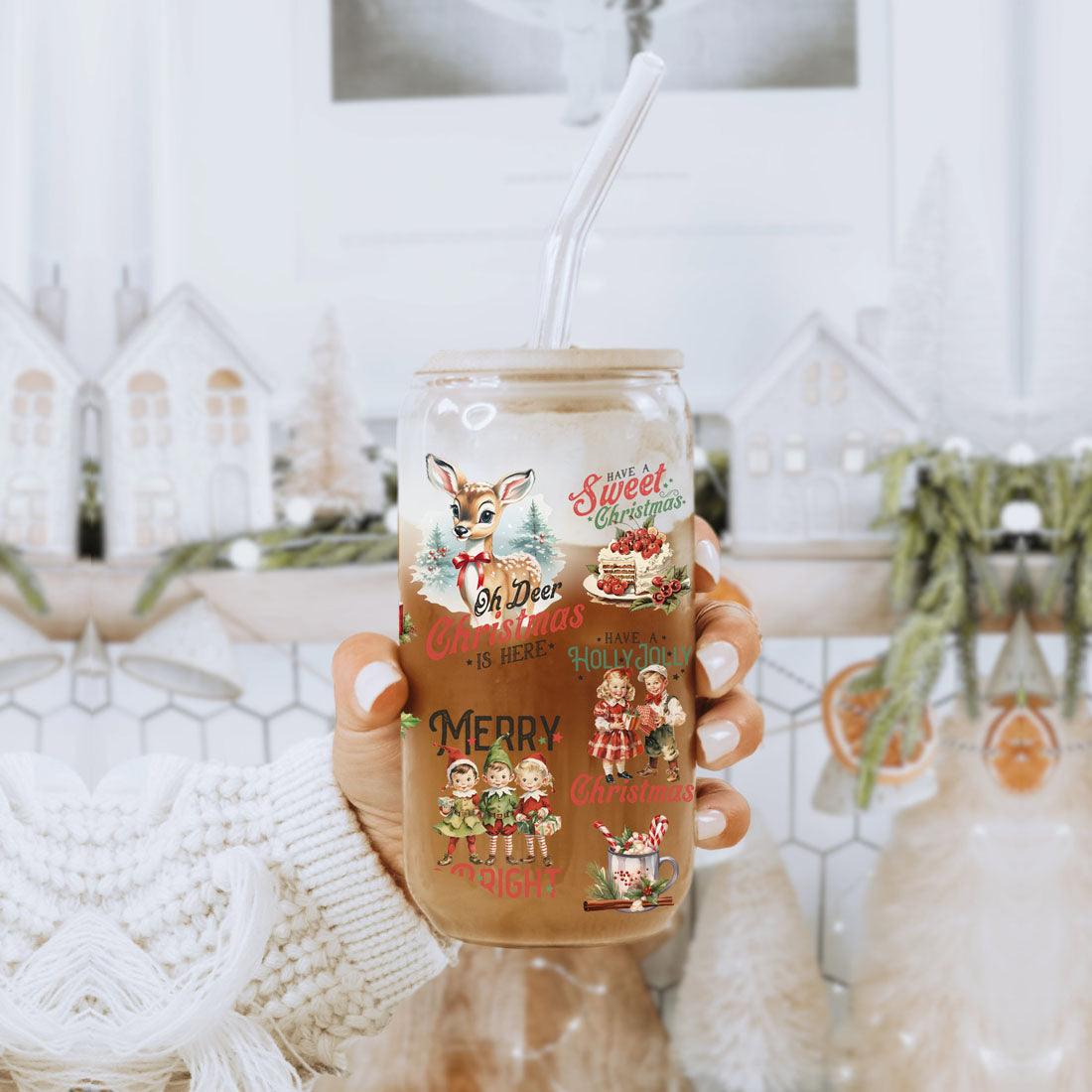 Vintage Christmas Can Cup — 17 oz Glass with Bamboo Lid