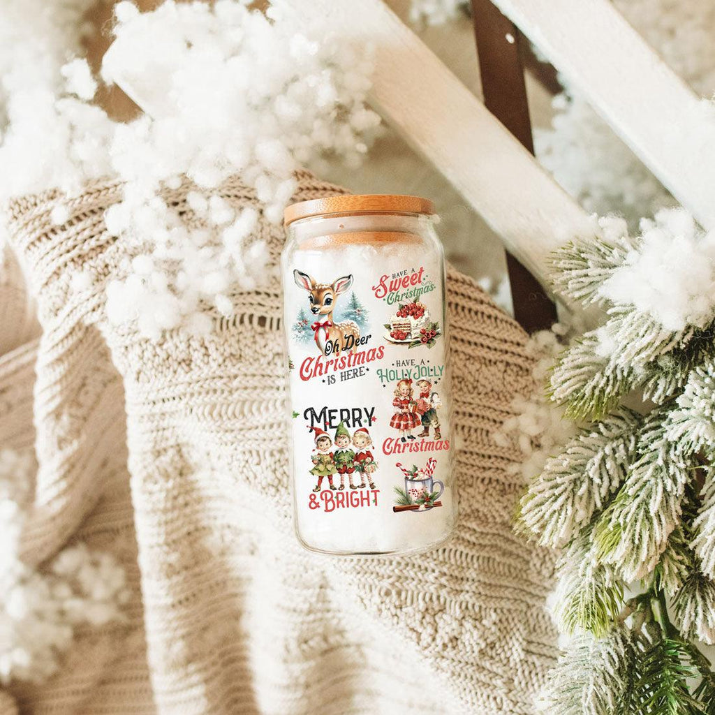Vintage Christmas Can Cup — 17 oz Glass with Bamboo Lid