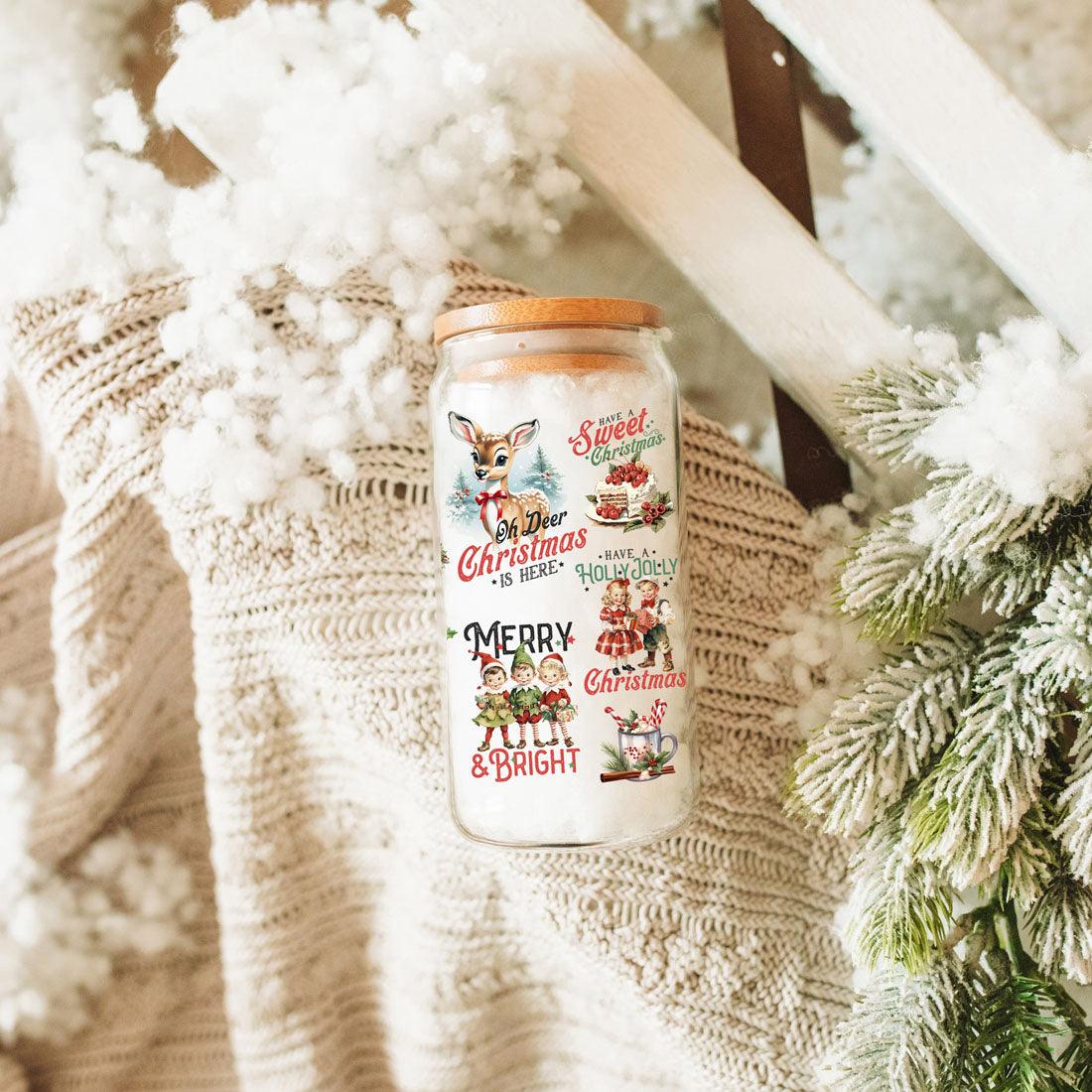 Vintage Christmas Can Cup — 17 oz Glass with Bamboo Lid