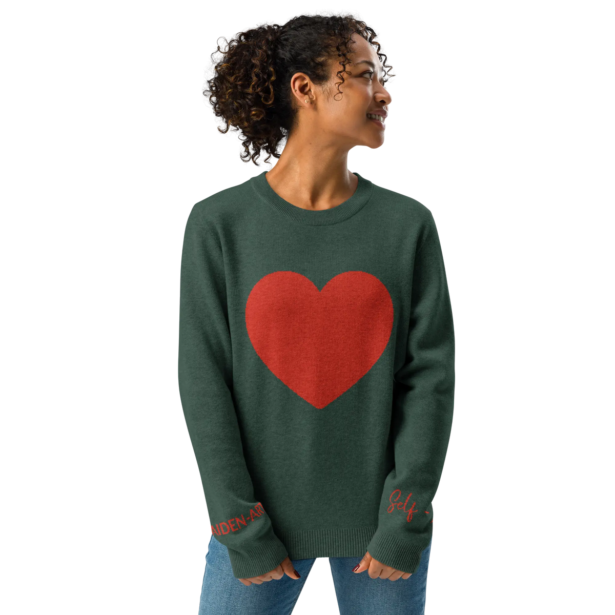 Heart - Knitted crew neck sweater PINE