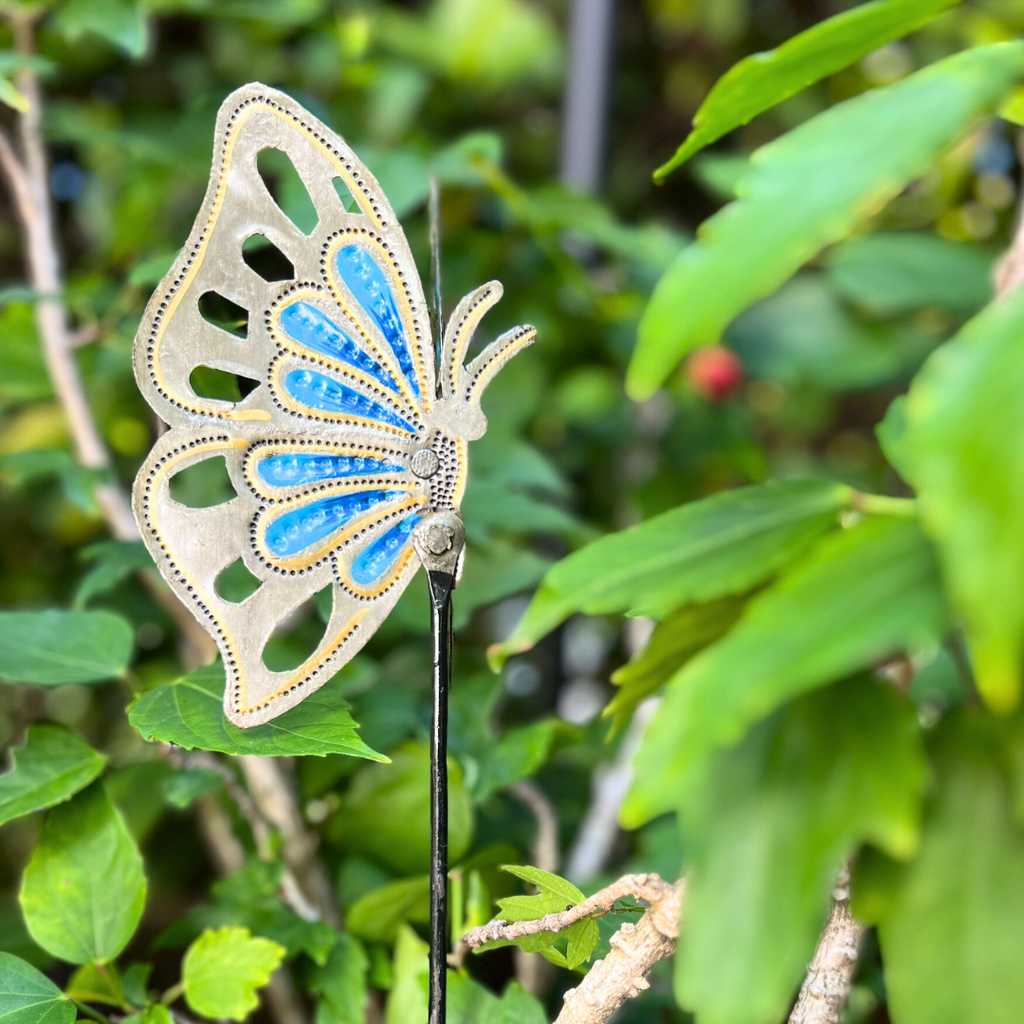 Blue Butterfly Garden Stake – Hand-Painted Metal Art