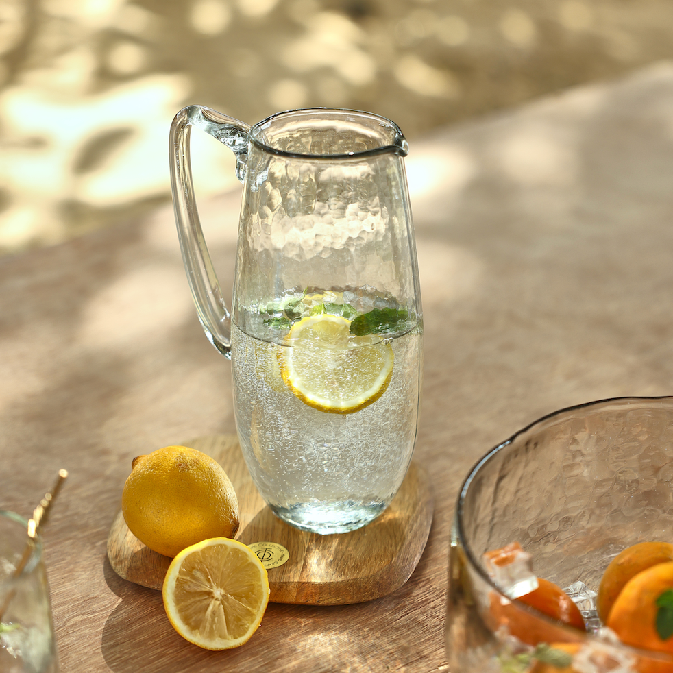 Pebbled Glass Pitcher | Hand-Blown | 48 oz | Hammered Texture | Recycled Glass | Entertaining | Powered by People