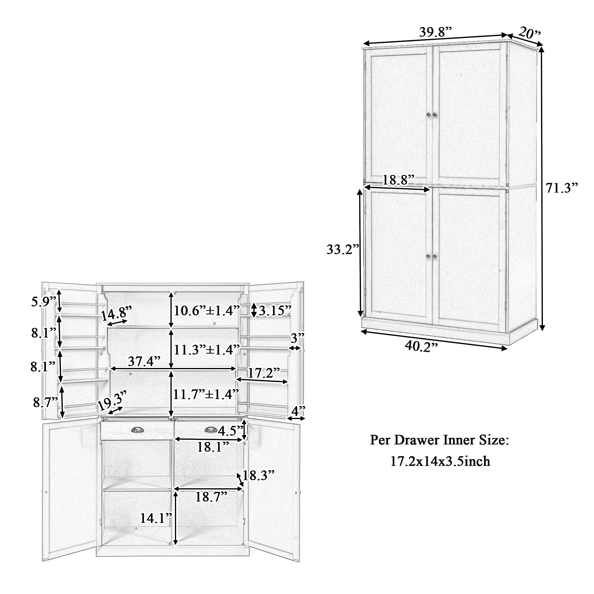 Large Kitchen Pantry Storage Cabinet | 71" Tall | MDF | White, Gray or Blue
