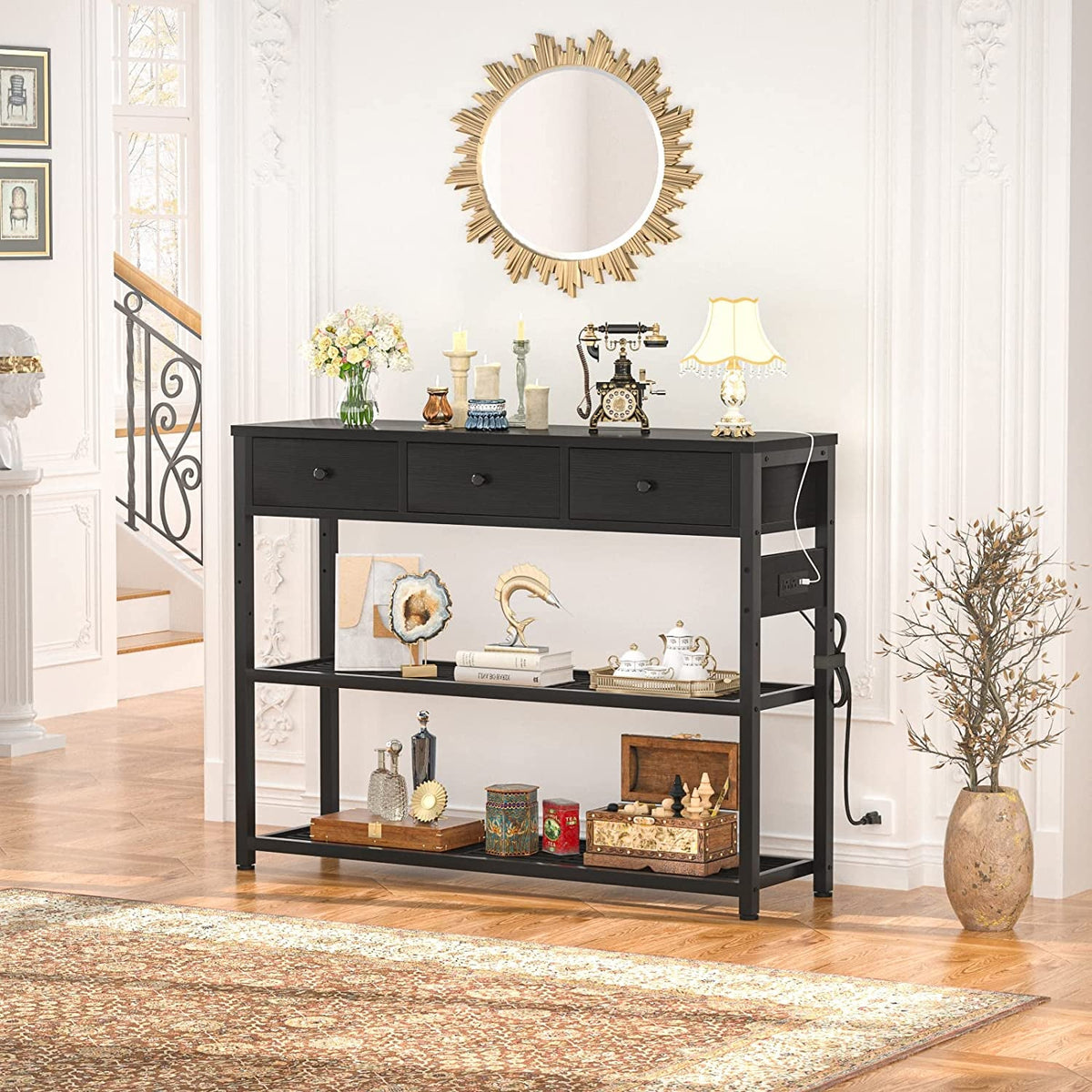 Black Console Table With USB Ports And Outlets For Living Room