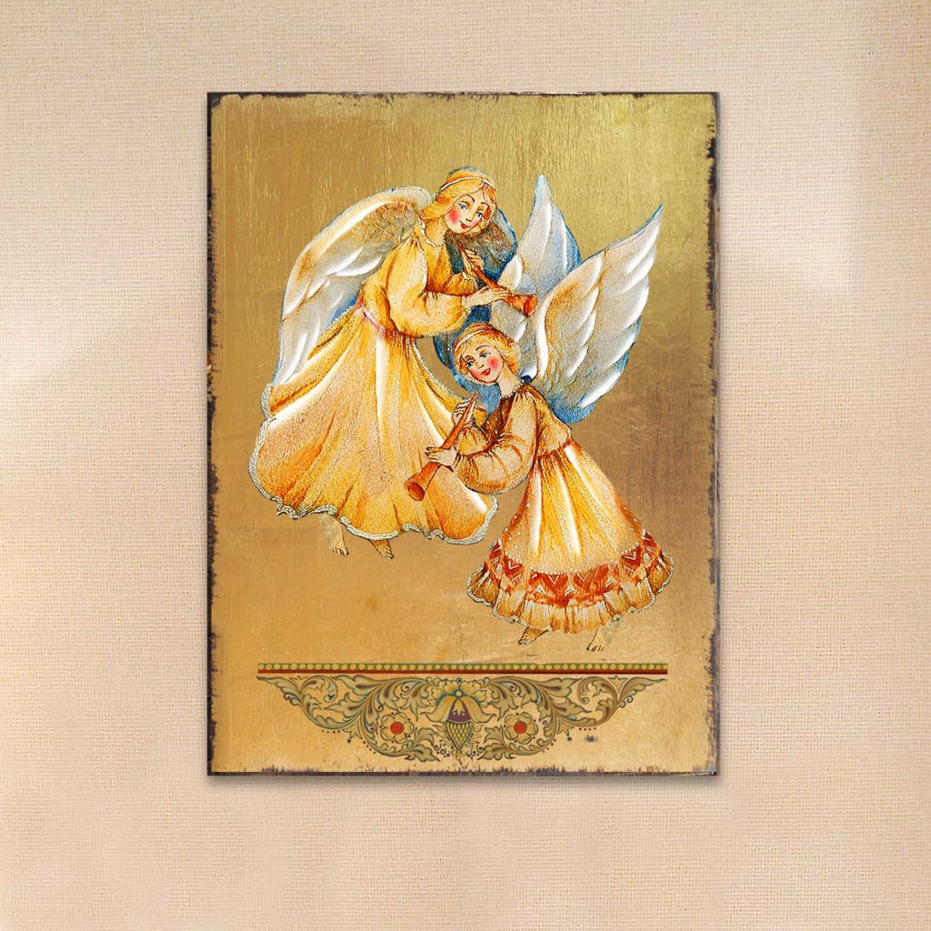 Angels Watching Over You Wooden Gold Plated Religious Christian Sacred Icon - Inspirational Icon Decor - 85046