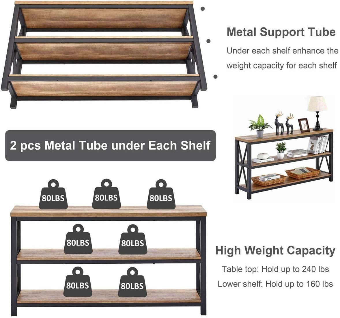 Rustic Wood Console Table With Three Shelves Metal Frame