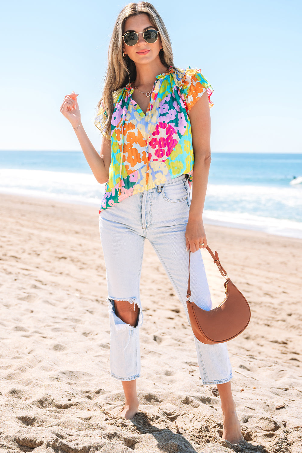 Rosa Flutter Sleeve V Neck Crinkled Blouse
