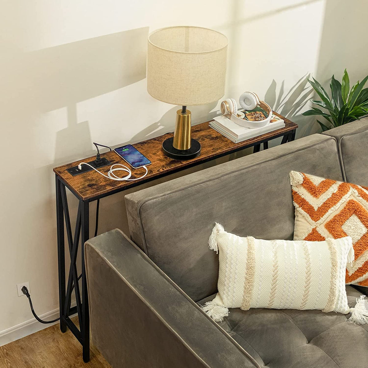 Rustic Brown Sofa Table With Power Outlet And USB Ports