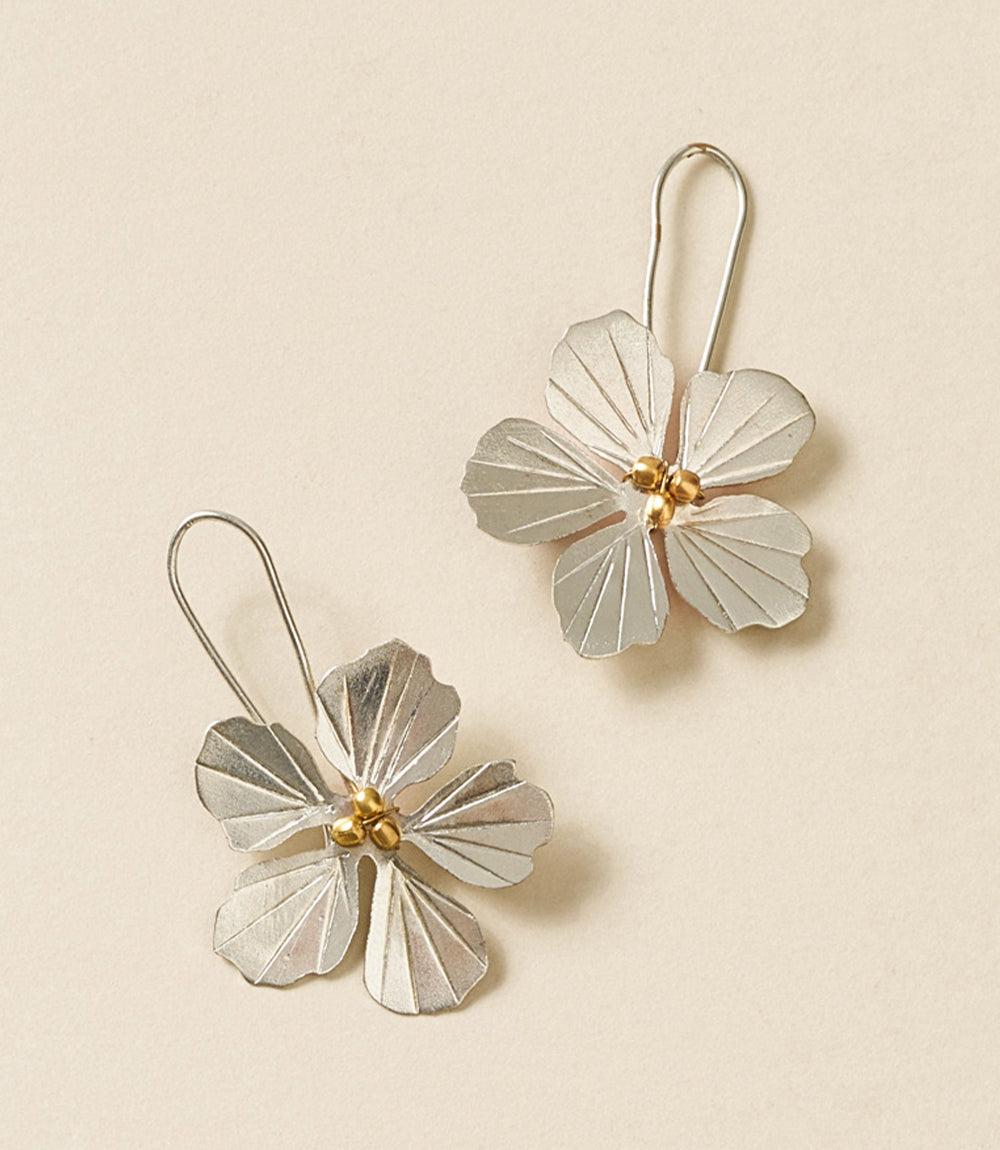 Flower Drop Earrings – Etched Silver & Gold